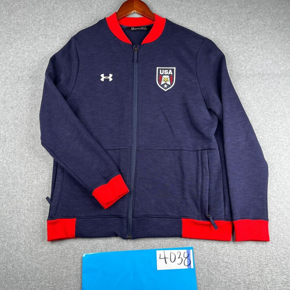 Under Armour USA Sweater Large Navy Blue USA Patch Full Zip Back Embroidered Men